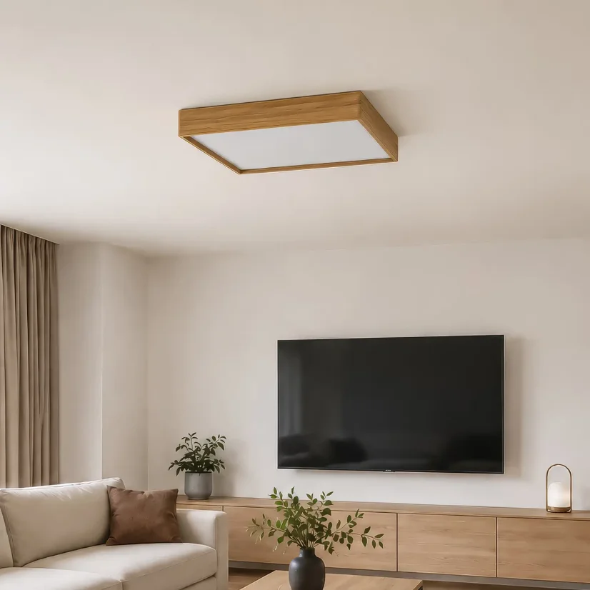 Dřevěné stropní svítidlo BLOKK 60x60 z masivního dubu v obývacím pokoji